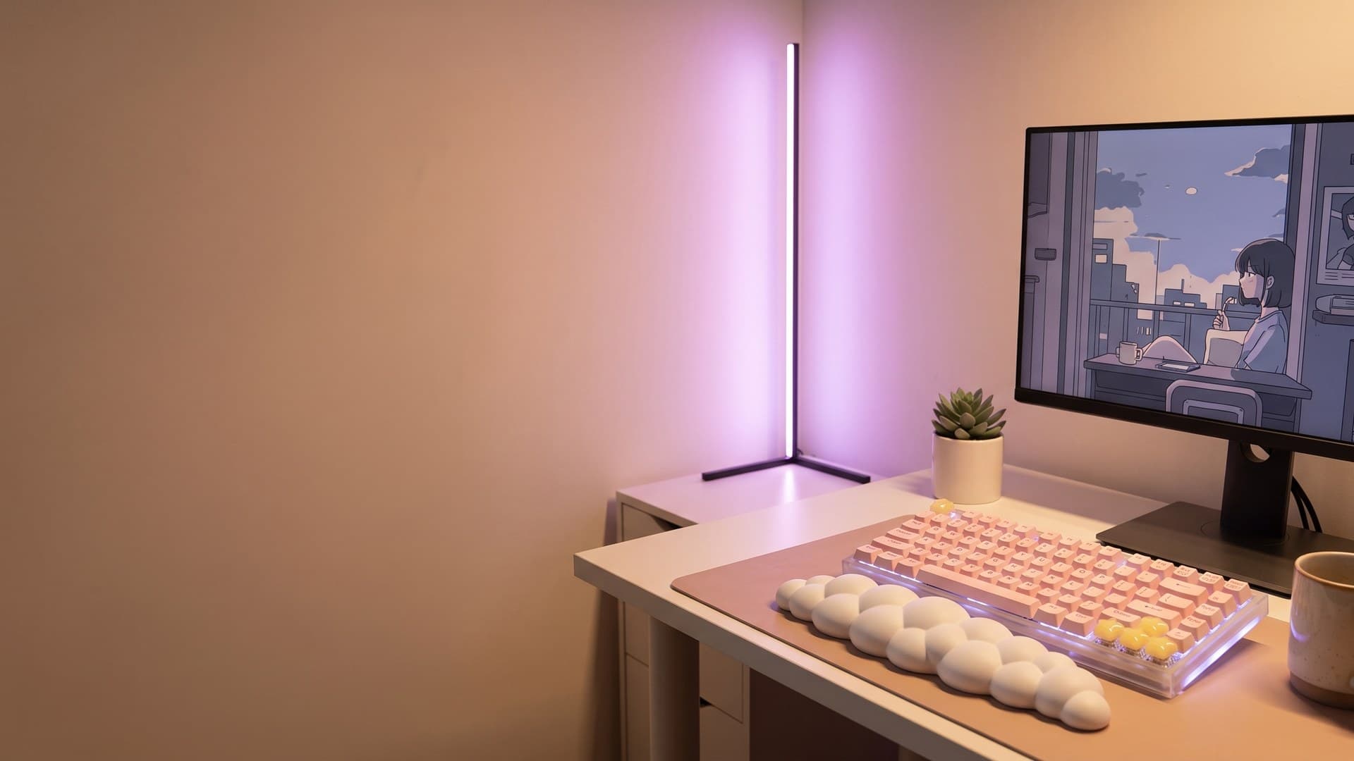 Cozy gaming desk at dusk with Starry Glow translucent yellow star keycaps, a Dreamy Cloud Bubble wrist rest, and an L-Shaped Corner RGB floor lamp washing the wall in lavender