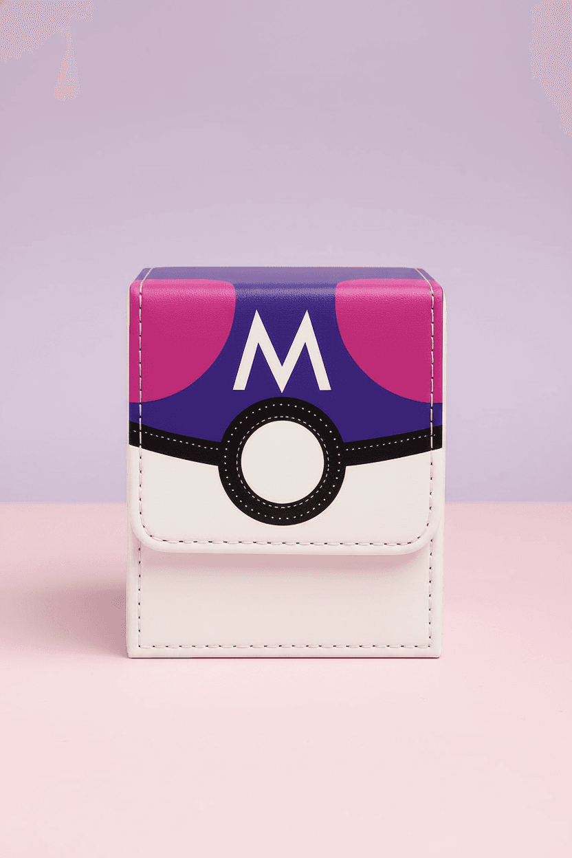 Pokemon Master Ball trading card deck box on a gaming desk