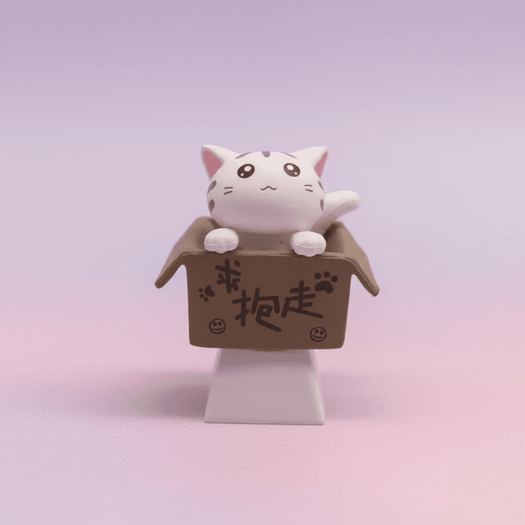 Kawaii White Cat In Box Artisan Keycap — view 1