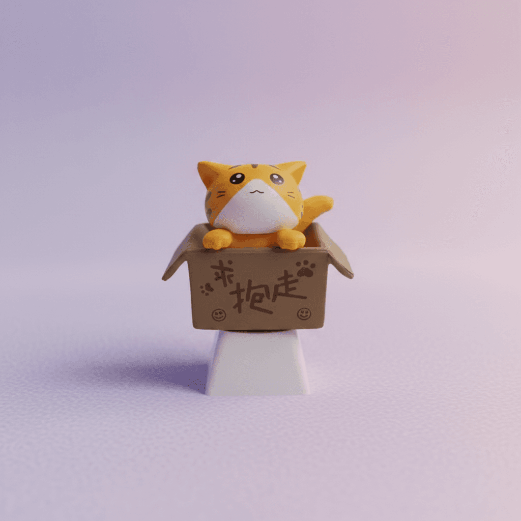 Kawaii Tiger Cat In Box Artisan Keycap — view 1